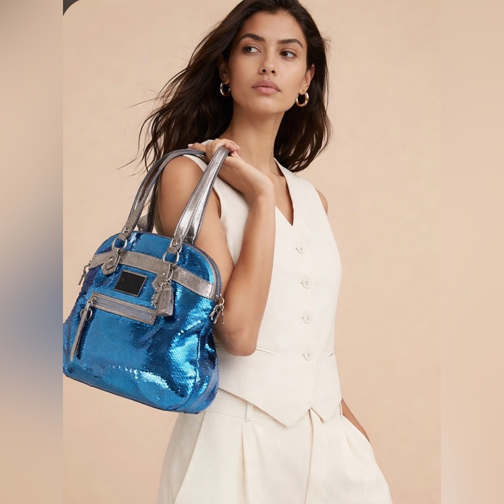 Coach Blue Sequin Satchel with Silver Trim